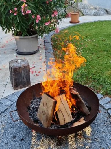 Feuer brennt in einer rustikalen Feuerstelle, umgeben von grünem Gras und Pflanzen.